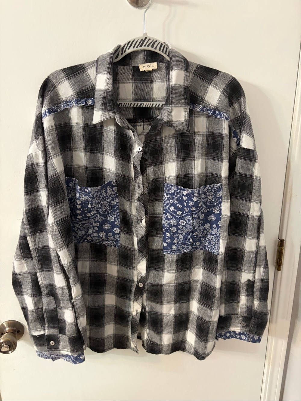 POL Customized Black & White Plaid Button-Down with flag panel sewn on back - Picture 3 of 5